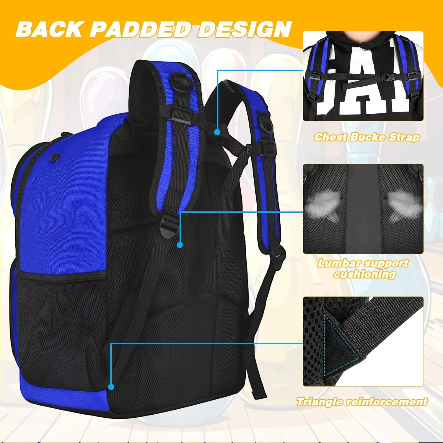 2 Ball Bowling Backpack,Bowling Ball Bag with Shoe Compartment & Portective Foam Padded, Fits Shoes Up to US Size 16