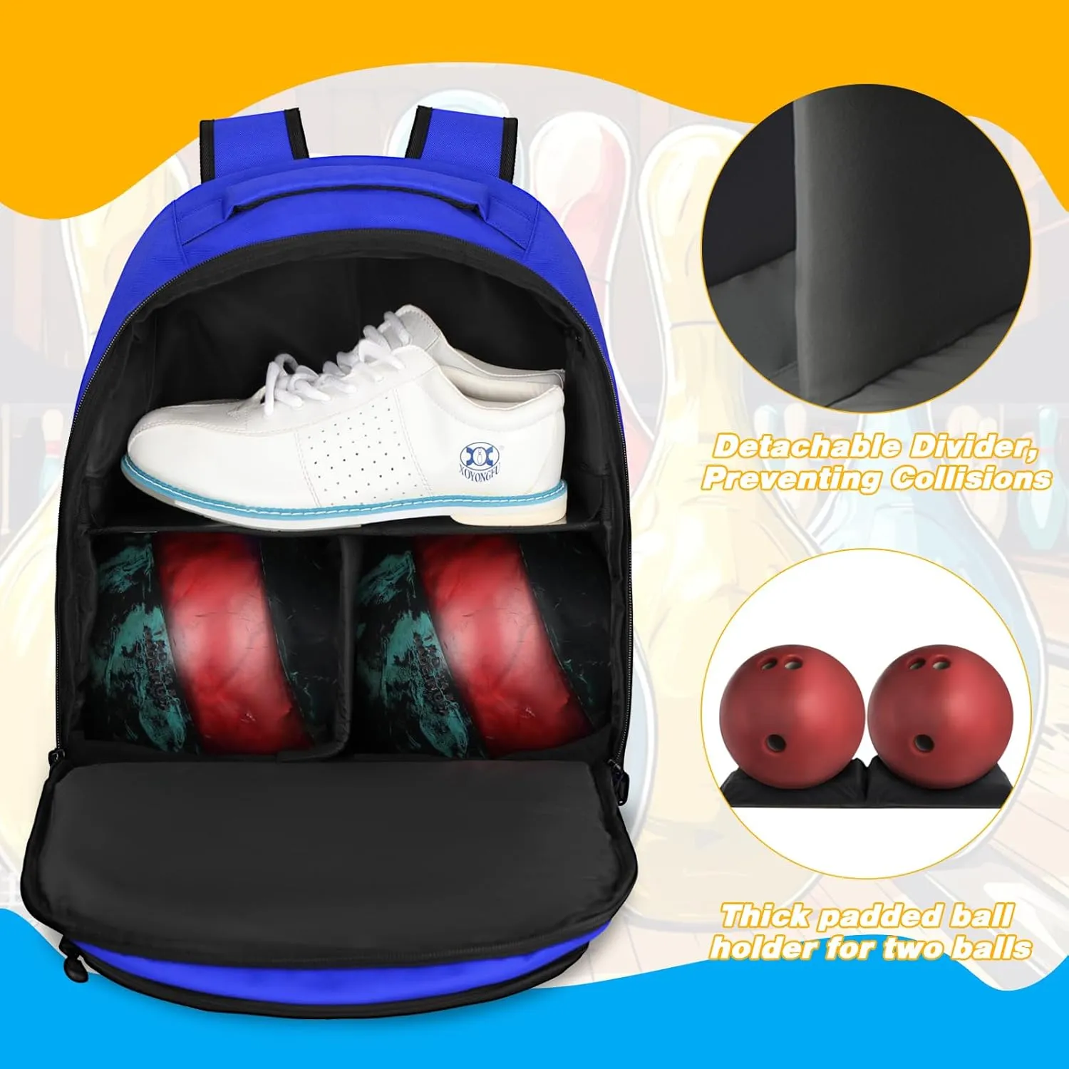 2 Ball Bowling Backpack,Bowling Ball Bag with Shoe Compartment & Portective Foam Padded, Fits Shoes Up to US Size 16
