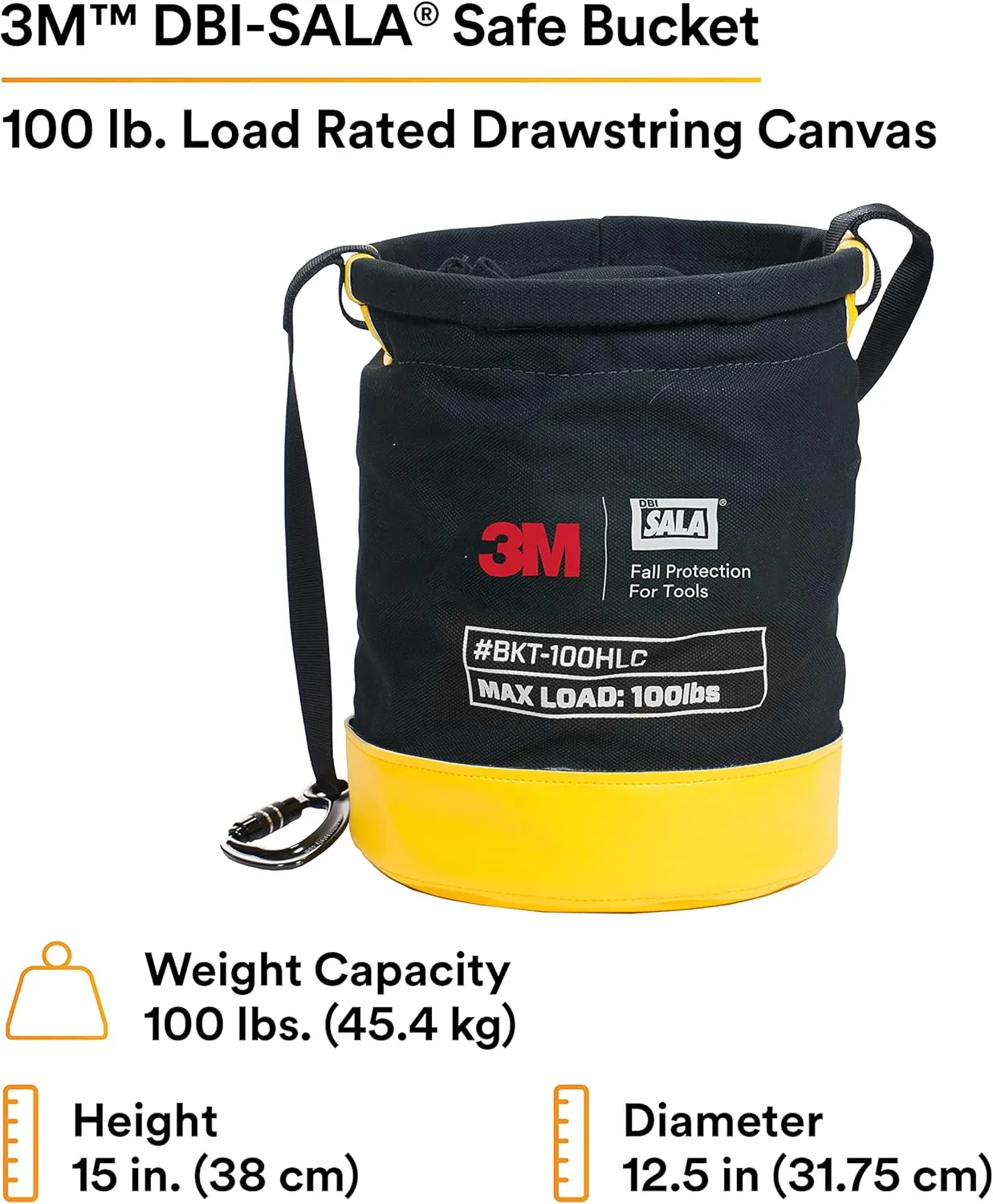 3M DBI-SALA Fall Protection For Tools,1500133, Canvas Spill Control Safe Bucket w/6 D-Ring Connection Points, 15""X125, Drawstring Closure System,100 lb Load Rating -BKT-100DRAWC