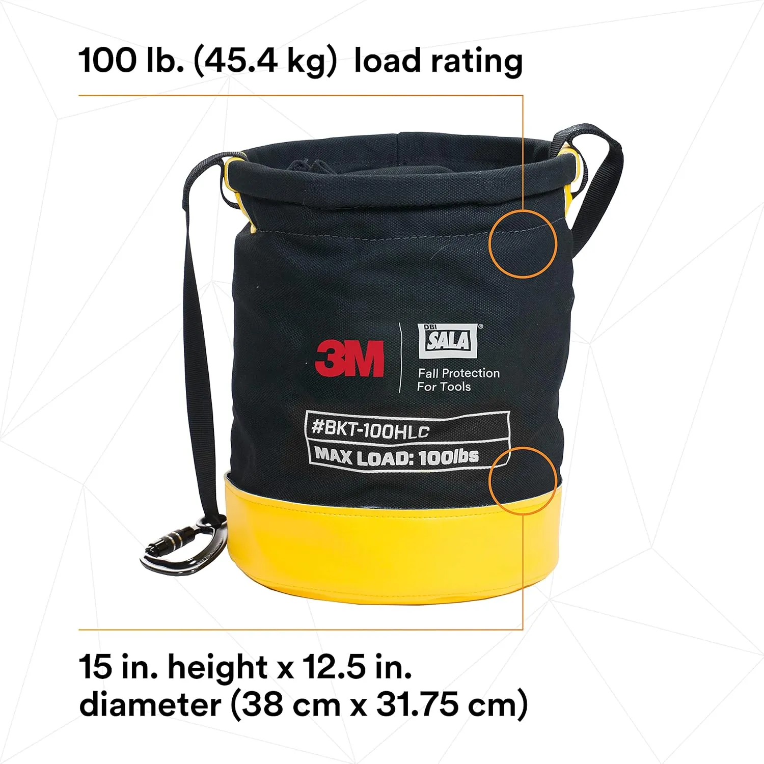 3M DBI-SALA Fall Protection For Tools,1500133, Canvas Spill Control Safe Bucket w/6 D-Ring Connection Points, 15""X125, Drawstring Closure System,100 lb Load Rating -BKT-100DRAWC