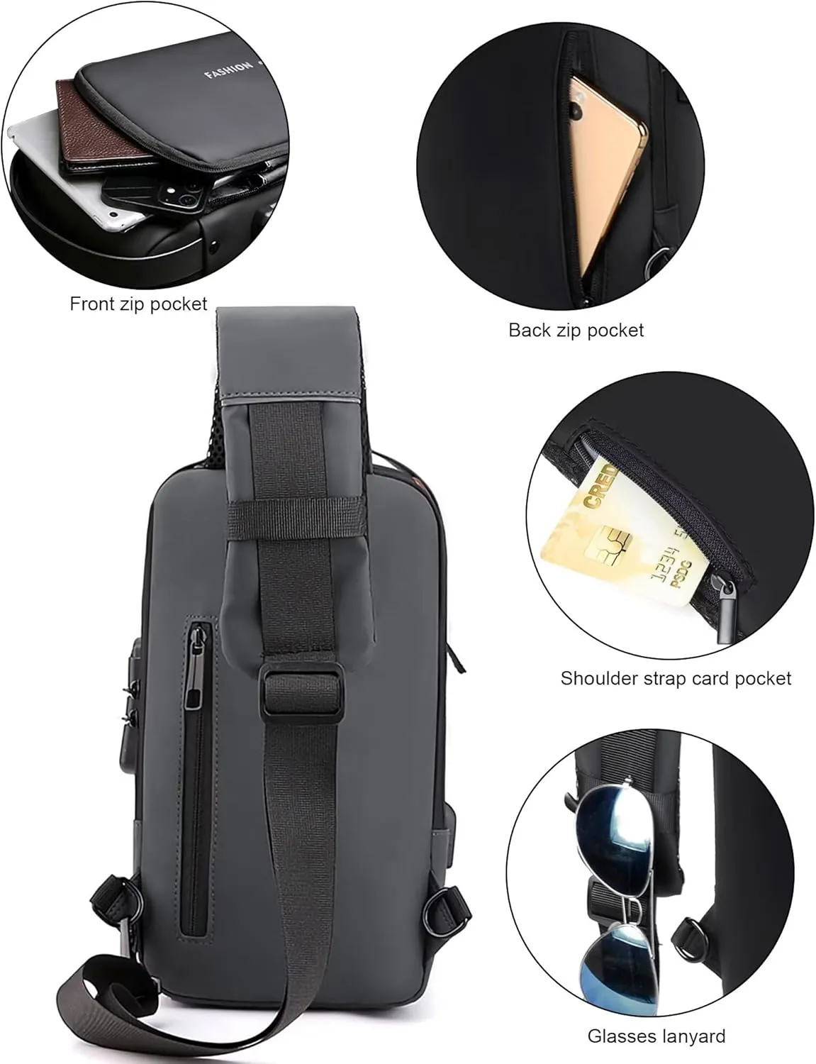 Anti Theft Sling Bag for Men Women, Password Anti-theft Crossbody Bag with USB Charging Port Waterproof Shoulder Bag Crossbody Sling Backpack for Hiking Cycling Running Travel