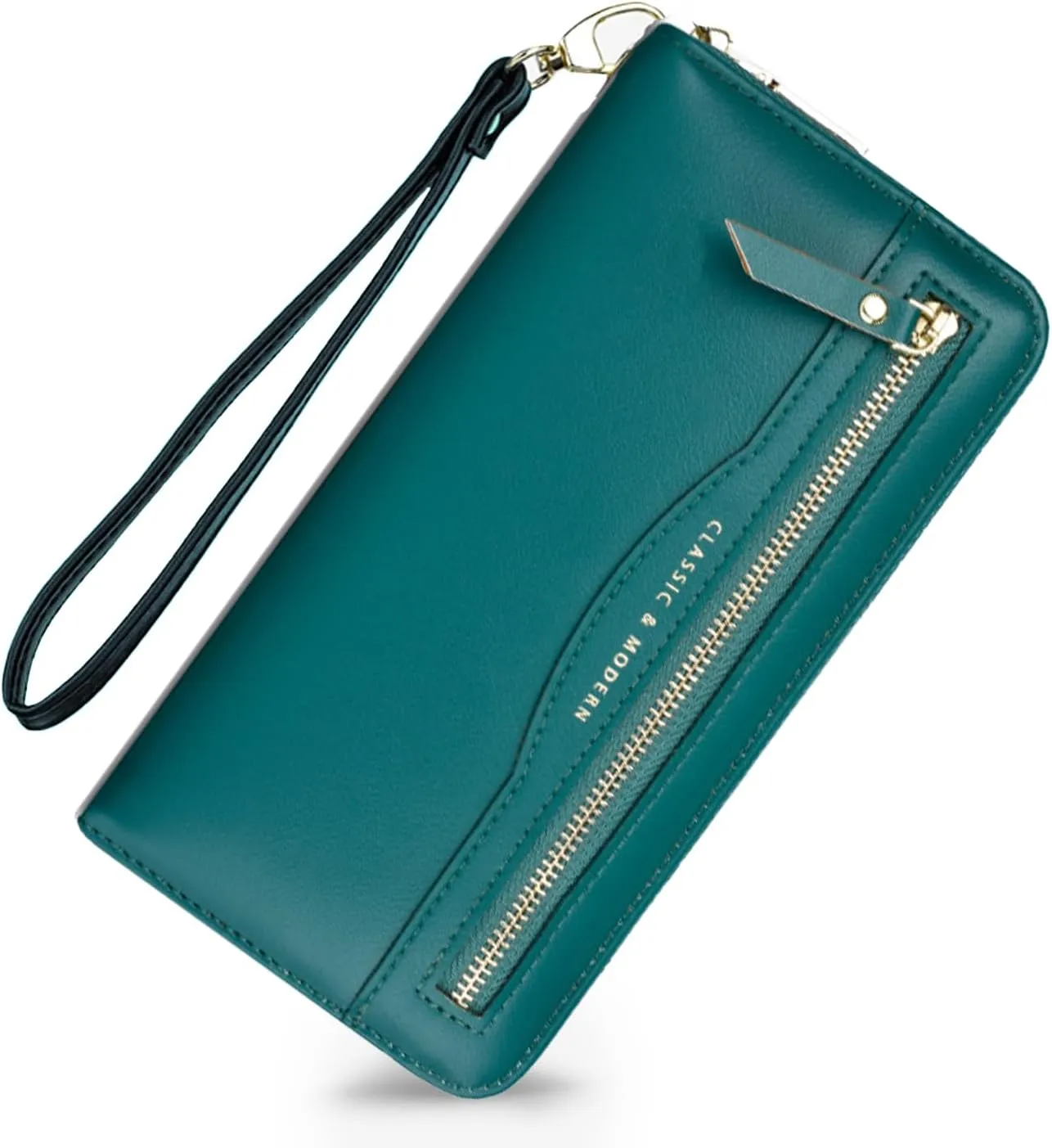 aurrako Women's Clutch Wallet Wristlet With Wrist Strap 2 Zipper Pocket For Credit Card Cash Long Purse(Green)