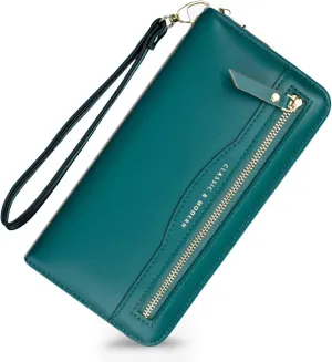 aurrako Women's Clutch Wallet Wristlet With Wrist Strap 2 Zipper Pocket For Credit Card Cash Long Purse(Green)