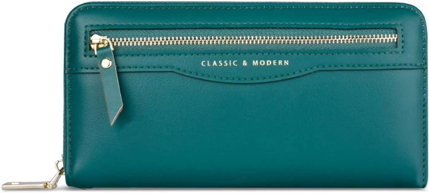 aurrako Women's Clutch Wallet Wristlet With Wrist Strap 2 Zipper Pocket For Credit Card Cash Long Purse(Green)