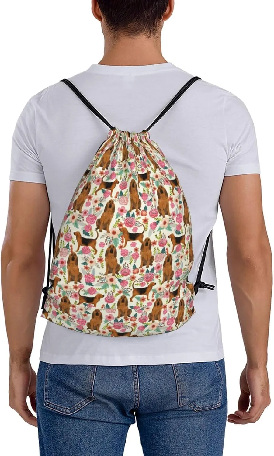 Bloodhound Dog Floral Flower Waterproof Drawstring Bag Lightweight Draw String Back Bag Gym Bag For Men Women
