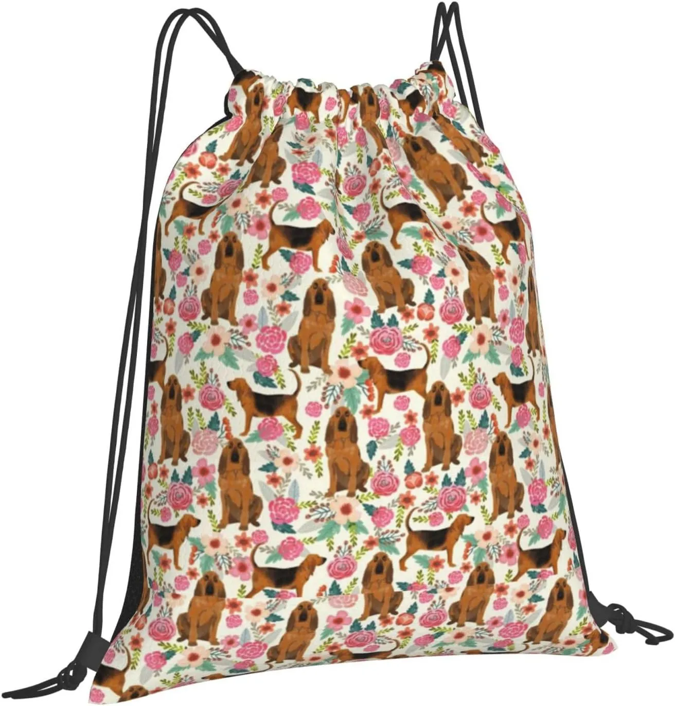 Bloodhound Dog Floral Flower Waterproof Drawstring Bag Lightweight Draw String Back Bag Gym Bag For Men Women