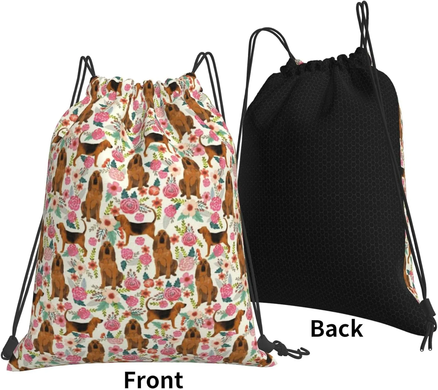 Bloodhound Dog Floral Flower Waterproof Drawstring Bag Lightweight Draw String Back Bag Gym Bag For Men Women