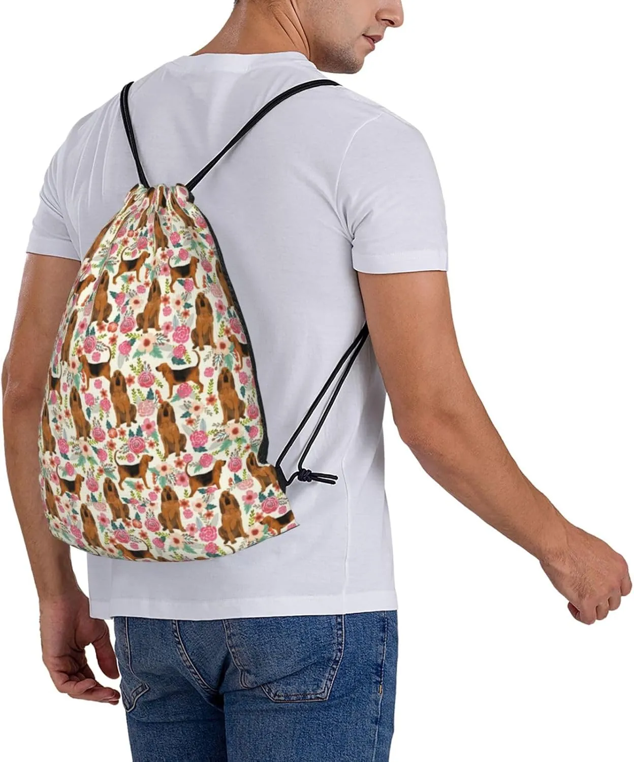 Bloodhound Dog Floral Flower Waterproof Drawstring Bag Lightweight Draw String Back Bag Gym Bag For Men Women