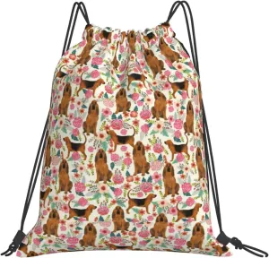 Bloodhound Dog Floral Flower Waterproof Drawstring Bag Lightweight Draw String Back Bag Gym Bag For Men Women