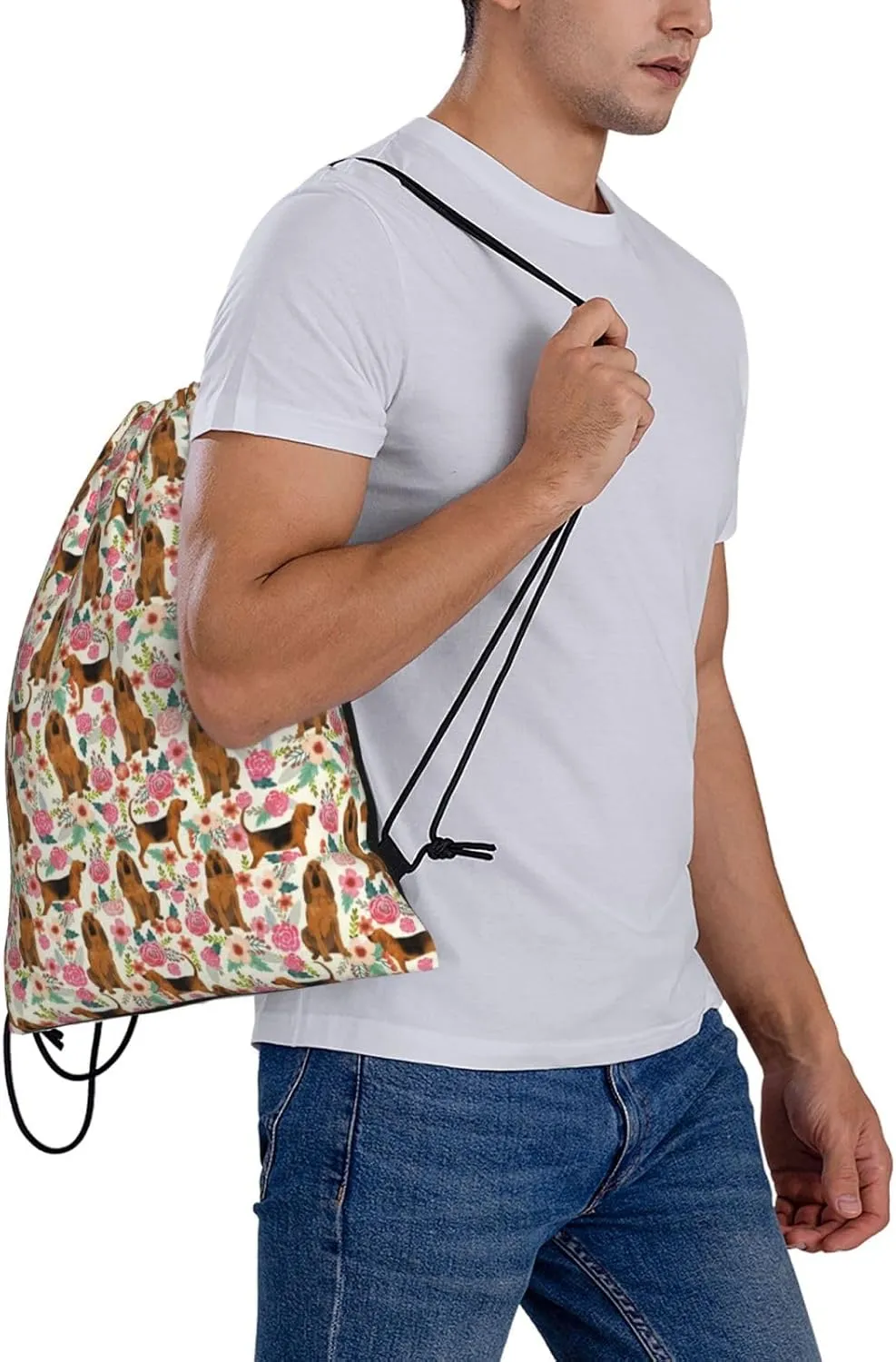 Bloodhound Dog Floral Flower Waterproof Drawstring Bag Lightweight Draw String Back Bag Gym Bag For Men Women