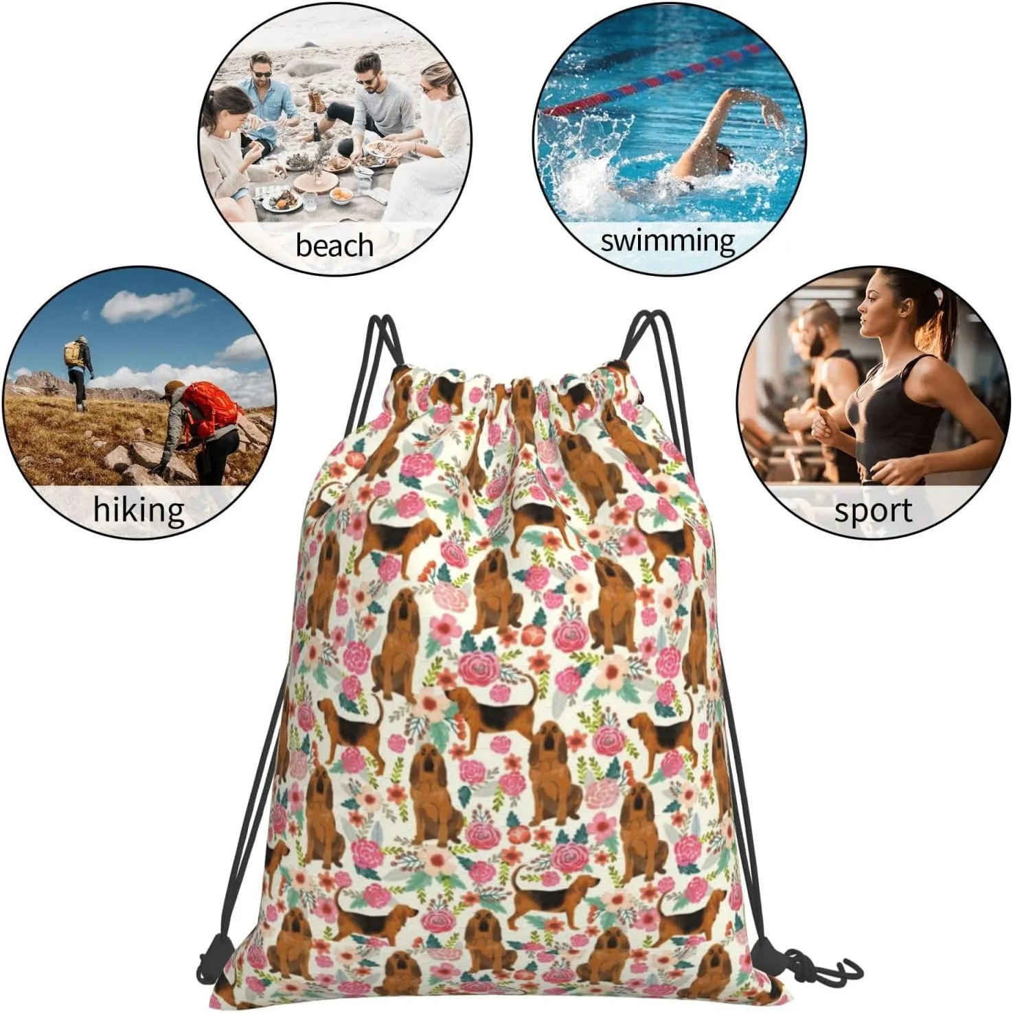 Bloodhound Dog Floral Flower Waterproof Drawstring Bag Lightweight Draw String Back Bag Gym Bag For Men Women