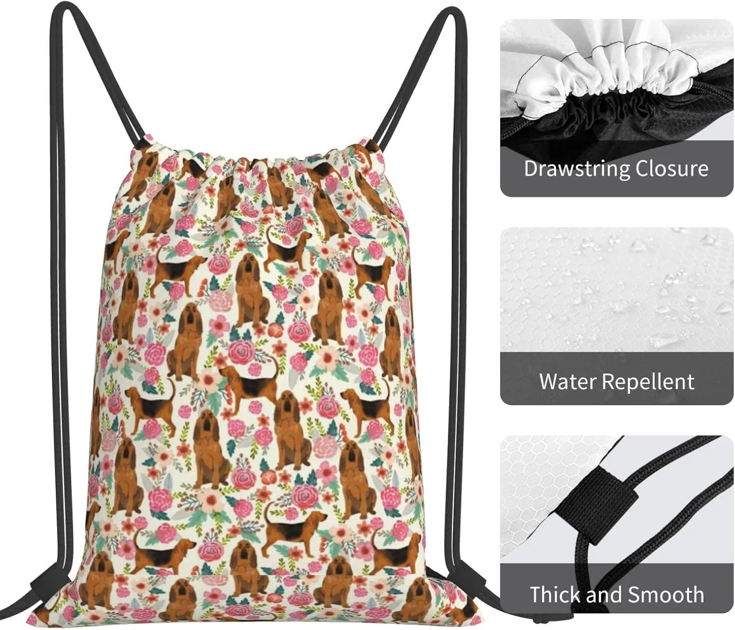 Bloodhound Dog Floral Flower Waterproof Drawstring Bag Lightweight Draw String Back Bag Gym Bag For Men Women