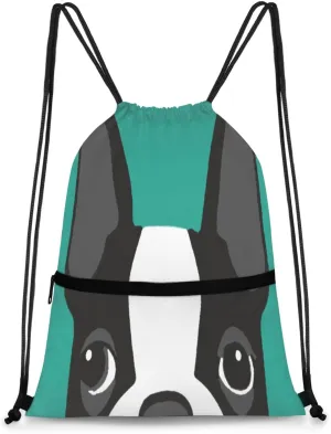Boston Terrier Drawstring Backpack, Sport Gym String Bag for Men Women, Water Resistant Cinch Bag with Zippered Pocket for Gym Beach Travel Sackpack