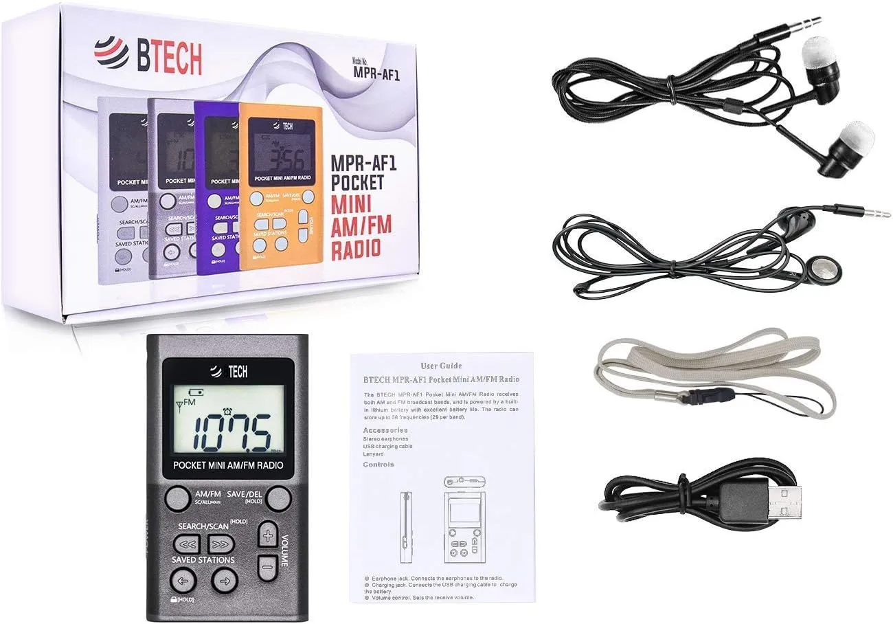 BTECH MPR-AF1 AM FM Personal Radio with Two Types of Stereo Headphones, Clock, Great Reception and Long Battery Life, Mini Pocket Walkman Radio with Headphones (Silver)