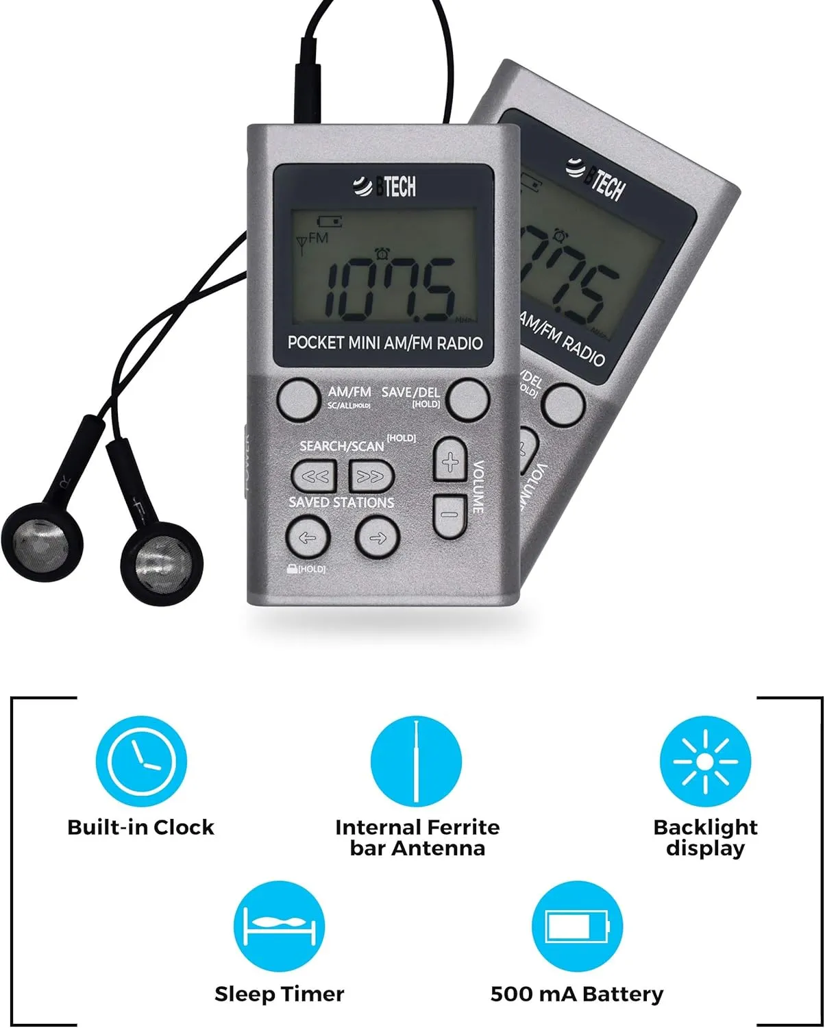BTECH MPR-AF1 AM FM Personal Radio with Two Types of Stereo Headphones, Clock, Great Reception and Long Battery Life, Mini Pocket Walkman Radio with Headphones (Silver)