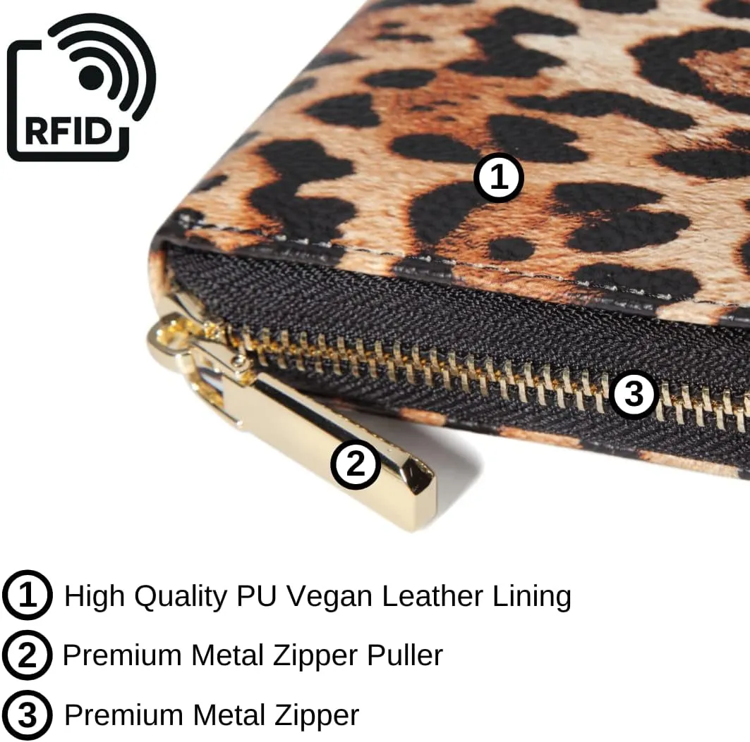 Daisy Rose Womens Zip-Around Wallet & Phone Clutch with RFID Blocking, PU Vegan Leather (Leopard)