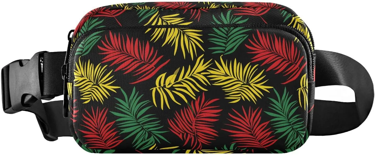 Fanny Pack Belt Bag for Women Red Green Yellow Palm Leaves Pattern Fashion Crossbody Bag Waist Pack Sling Backpack with Adjustable Strap