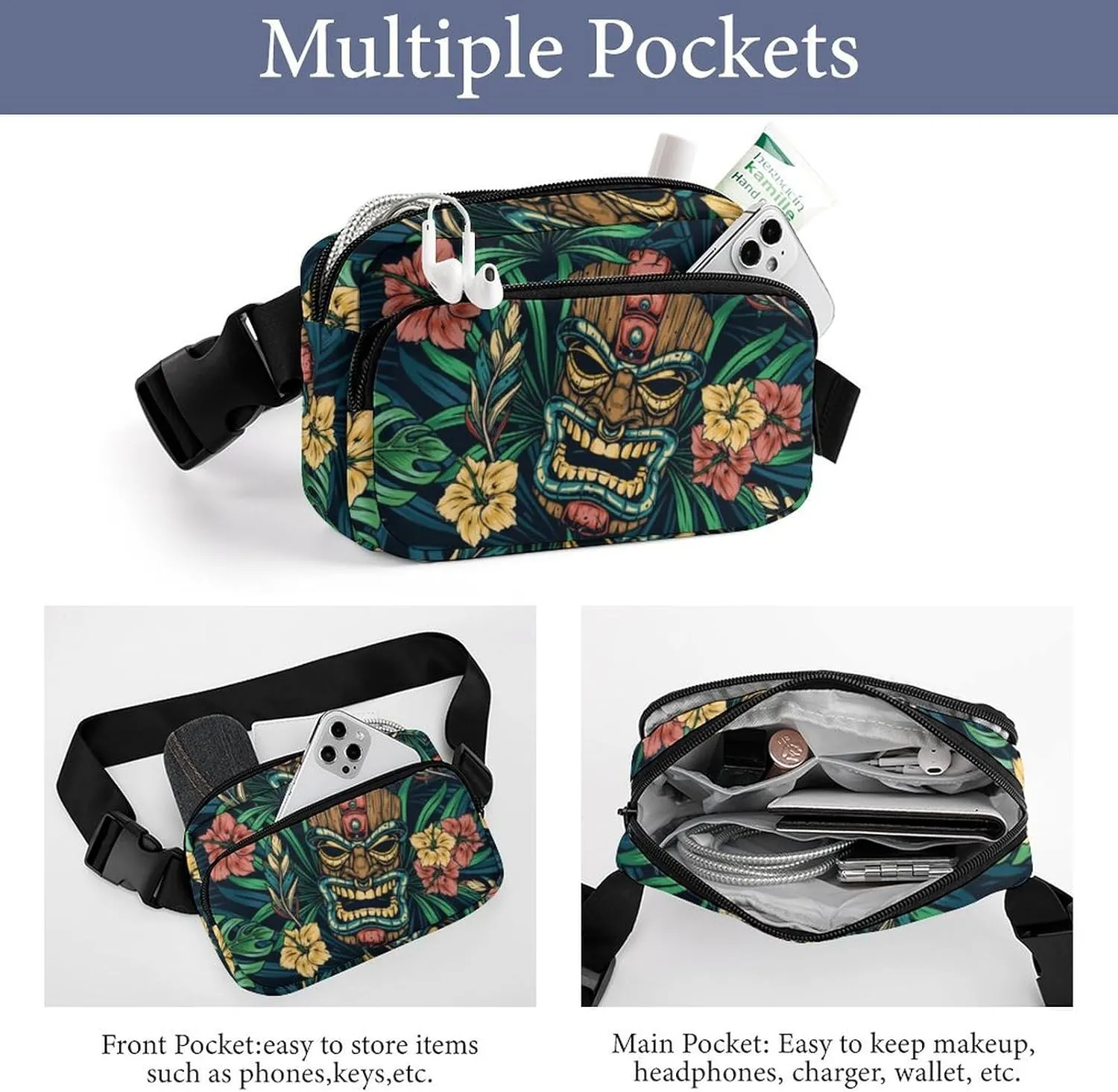 Hawaiian Tropical Tribal Belt Bag Fanny Pack Crossbody Hibiscus Palm Leaves Fashion Waist Packs With Adjustable Strap For Men Women Travel Hiking Cycling Running