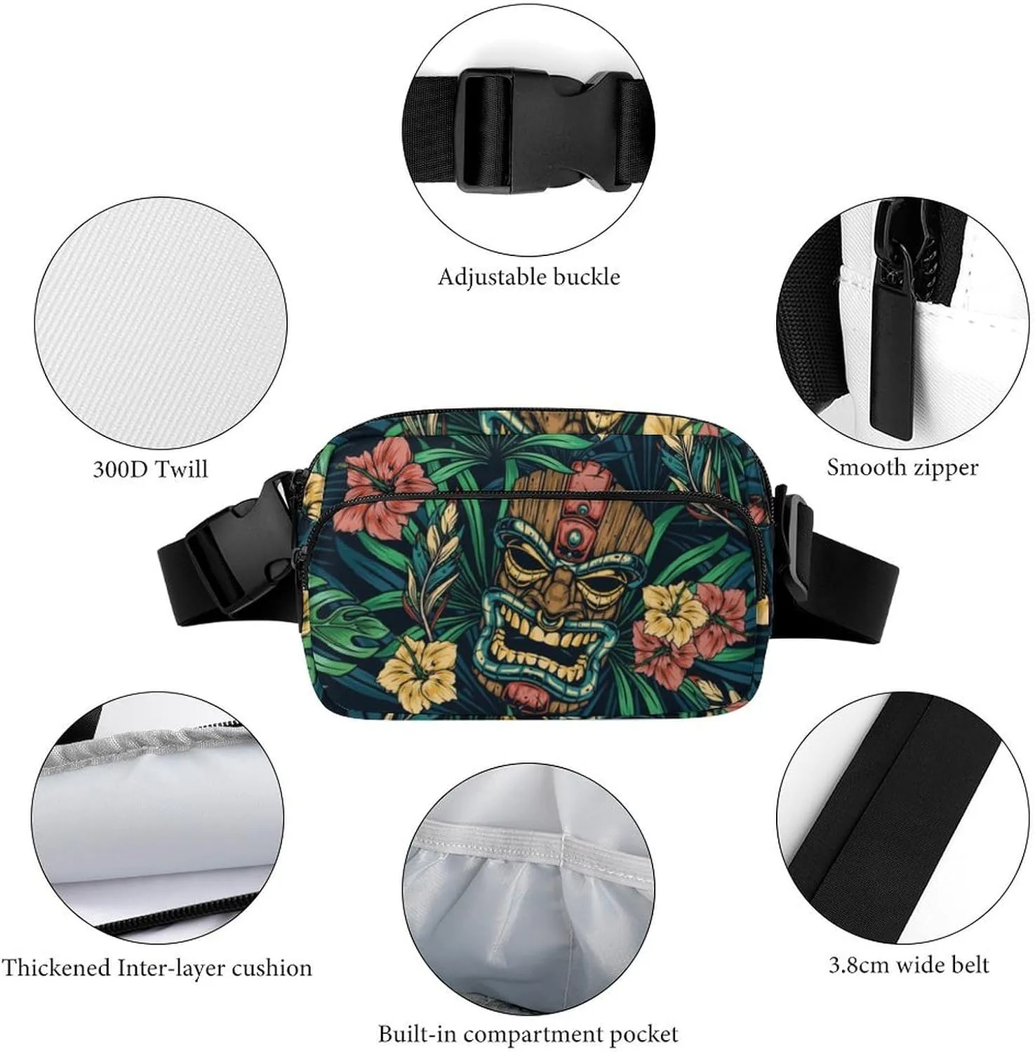 Hawaiian Tropical Tribal Belt Bag Fanny Pack Crossbody Hibiscus Palm Leaves Fashion Waist Packs With Adjustable Strap For Men Women Travel Hiking Cycling Running
