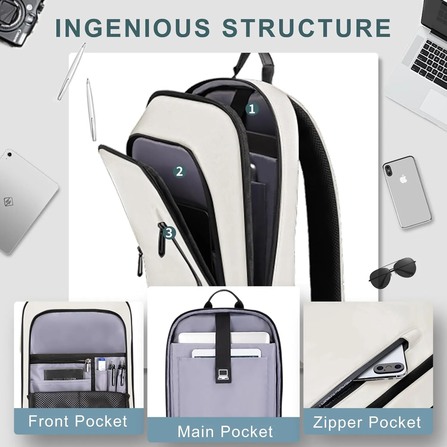 hk Backpack for Men Business Slim Backpack with USB Charger Computer Lightweight Anti-theft Travel (White, 17.3 Inch)