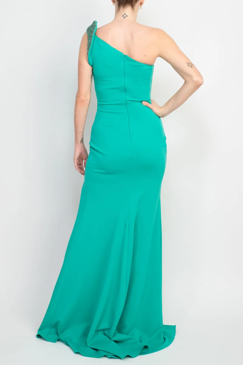 Jovani fitted one shoulder slit front crepe gown