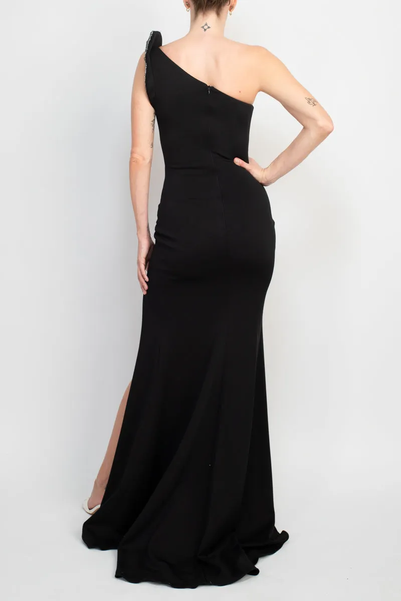 Jovani fitted one shoulder slit front crepe gown