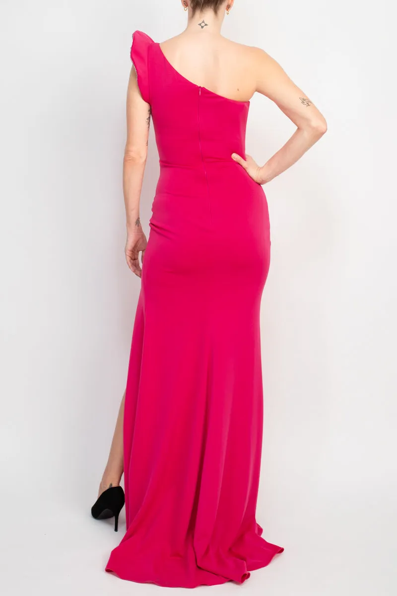 Jovani fitted one shoulder slit front crepe gown