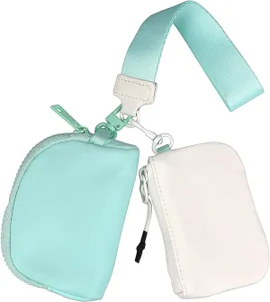 Keychain Wristlet Wallet Mini Zip Coin Around Clutch Purse for Women Dual Pouch Credit Card Holder Cute Key Chain Wrist Bag (White Light Green)
