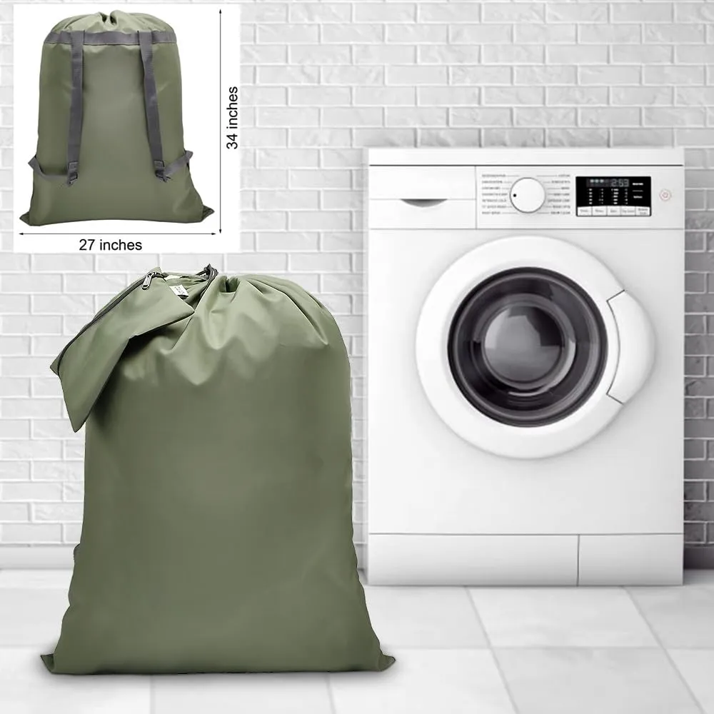 Laundry Bag Backpack, 27 x 34Sturdy Laundry Bag with Shoulder Straps Drawstring Closure Heavy Duty Foldable Laundry Backpack for College, Travel, Laundromat, Apartment (Green)