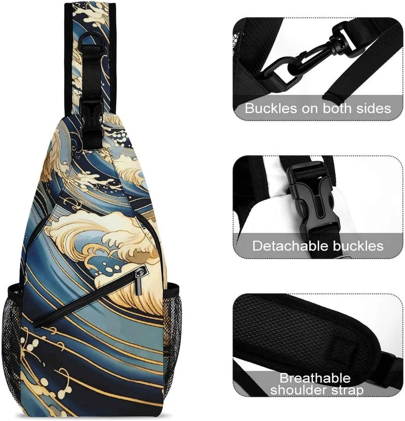 Lightweight Chest Bag Crossbody Bag Blue Wave Pictures Sling Backpack for Women Men Sports Travel
