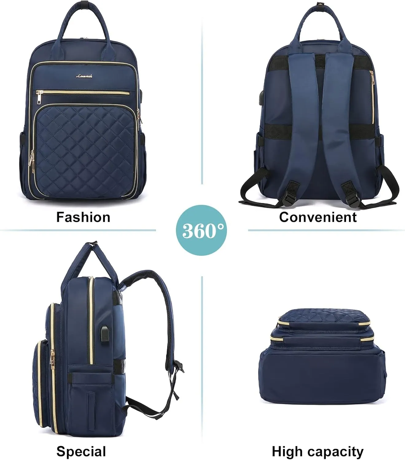 LOVEVOOK Laptop Backpack for Women, 15.6 Inch Computer Backpack for Teacher Nurse with Water Resistant, Lightweight Travel Work Backpack with USB Charging Port, Quilted Commuter Backpack purse, Blue