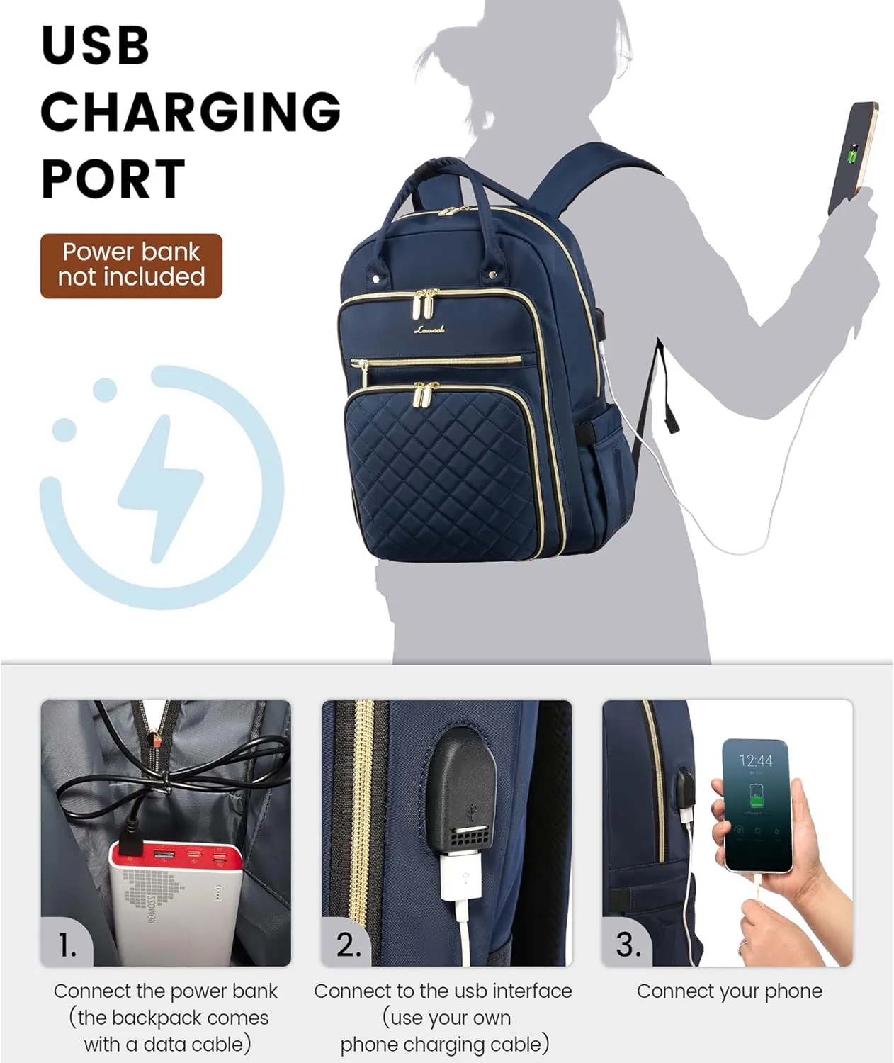 LOVEVOOK Laptop Backpack for Women, 15.6 Inch Computer Backpack for Teacher Nurse with Water Resistant, Lightweight Travel Work Backpack with USB Charging Port, Quilted Commuter Backpack purse, Blue