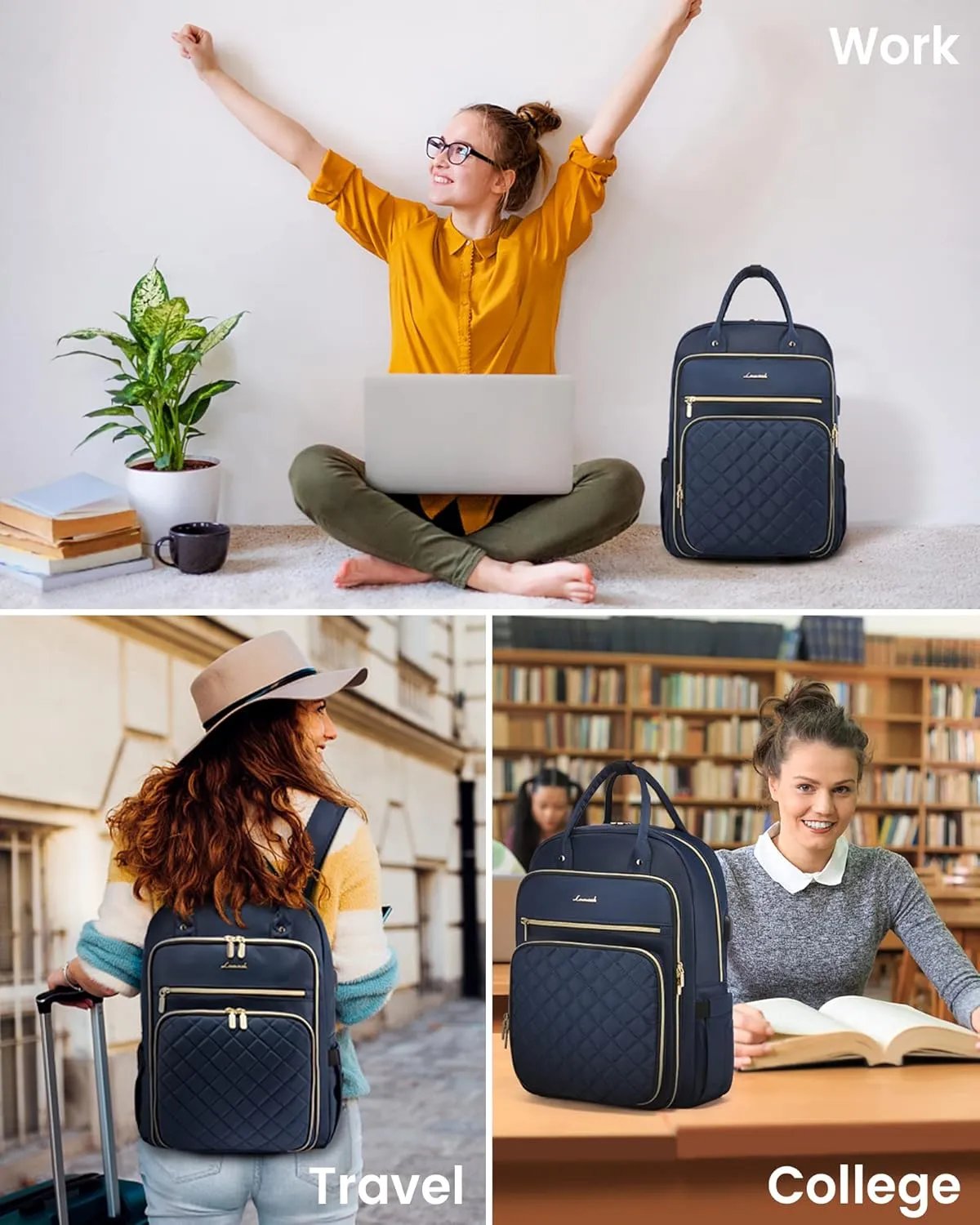 LOVEVOOK Laptop Backpack for Women, 15.6 Inch Computer Backpack for Teacher Nurse with Water Resistant, Lightweight Travel Work Backpack with USB Charging Port, Quilted Commuter Backpack purse, Blue