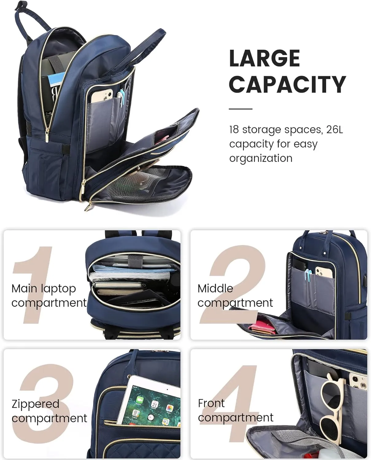 LOVEVOOK Laptop Backpack for Women, 15.6 Inch Computer Backpack for Teacher Nurse with Water Resistant, Lightweight Travel Work Backpack with USB Charging Port, Quilted Commuter Backpack purse, Blue