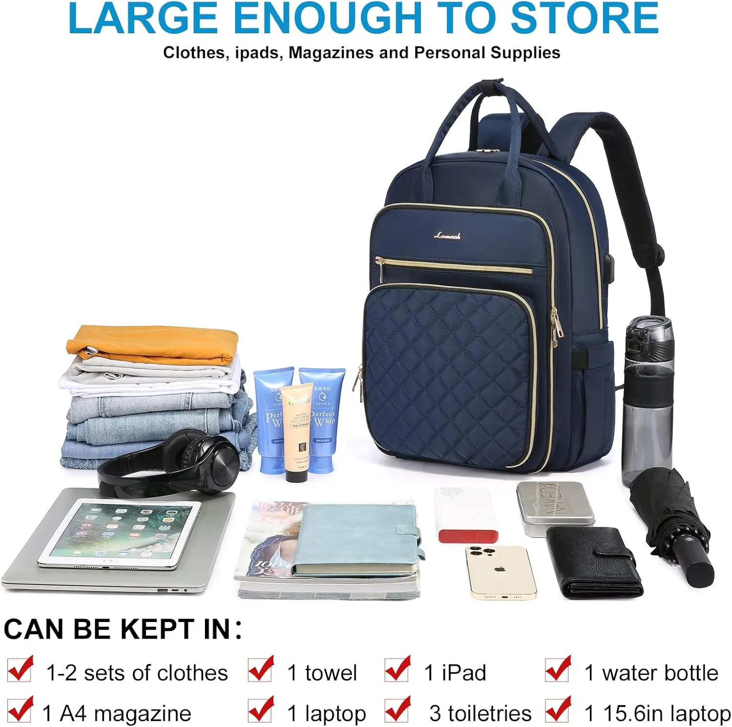 LOVEVOOK Laptop Backpack for Women, 15.6 Inch Computer Backpack for Teacher Nurse with Water Resistant, Lightweight Travel Work Backpack with USB Charging Port, Quilted Commuter Backpack purse, Blue