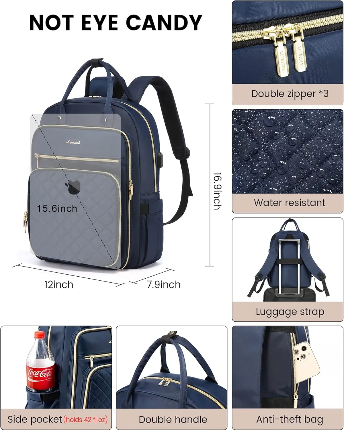 LOVEVOOK Laptop Backpack for Women, 15.6 Inch Computer Backpack for Teacher Nurse with Water Resistant, Lightweight Travel Work Backpack with USB Charging Port, Quilted Commuter Backpack purse, Blue
