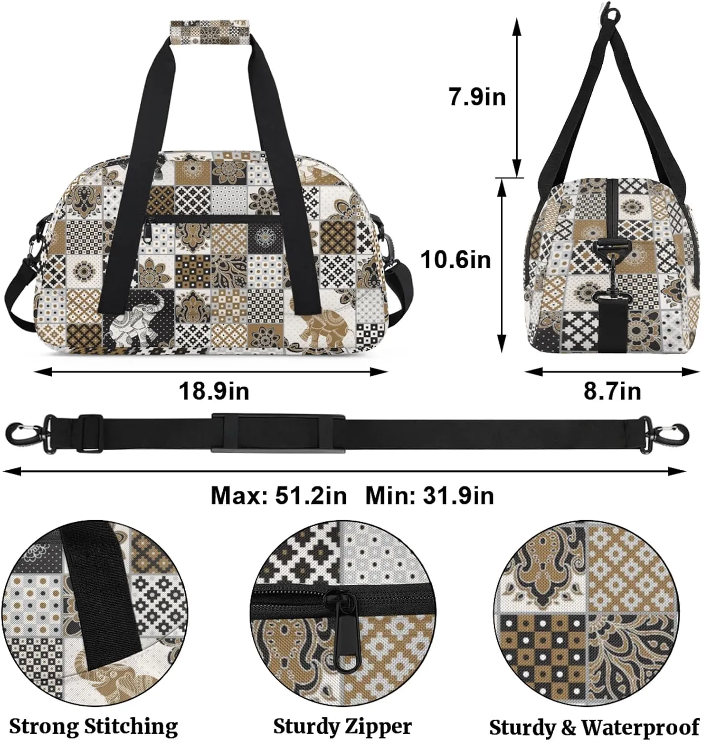Mandala Elephant 18 inch Small Gym Bag for Women and Men, Lightweight Carry On Weekender Bag Mini Duffel Bag for Travel Sports Workout