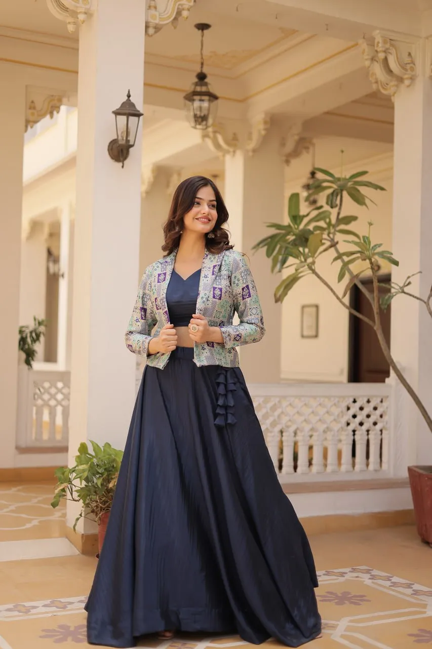 Navy Blue Chinnon Lehenga Set with Sleeveless Blouse and Jacquard Koti