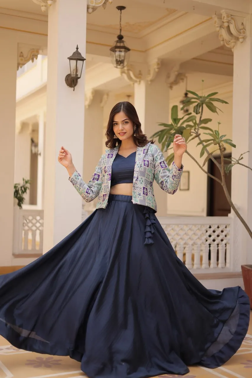 Navy Blue Chinnon Lehenga Set with Sleeveless Blouse and Jacquard Koti