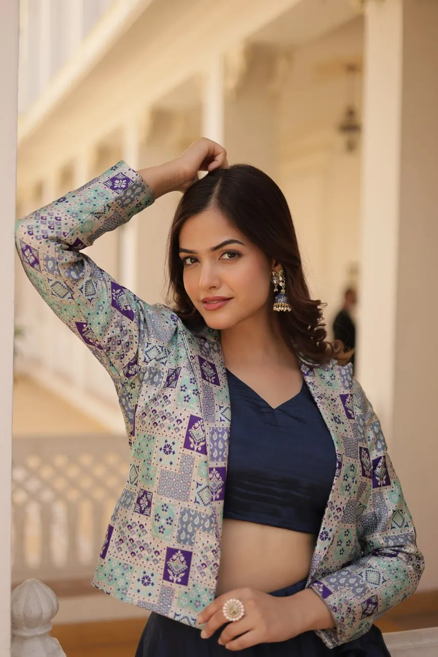 Navy Blue Chinnon Lehenga Set with Sleeveless Blouse and Jacquard Koti