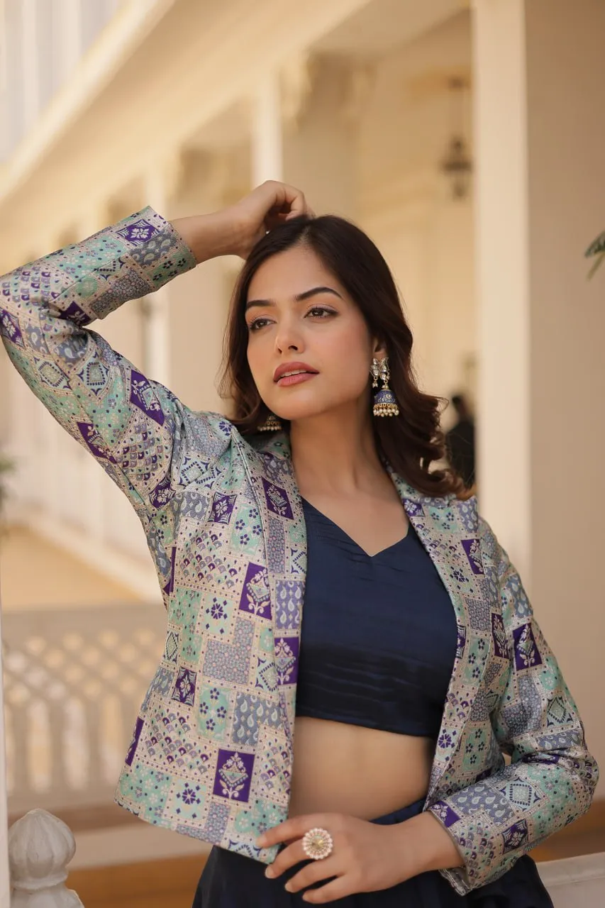 Navy Blue Chinnon Lehenga Set with Sleeveless Blouse and Jacquard Koti