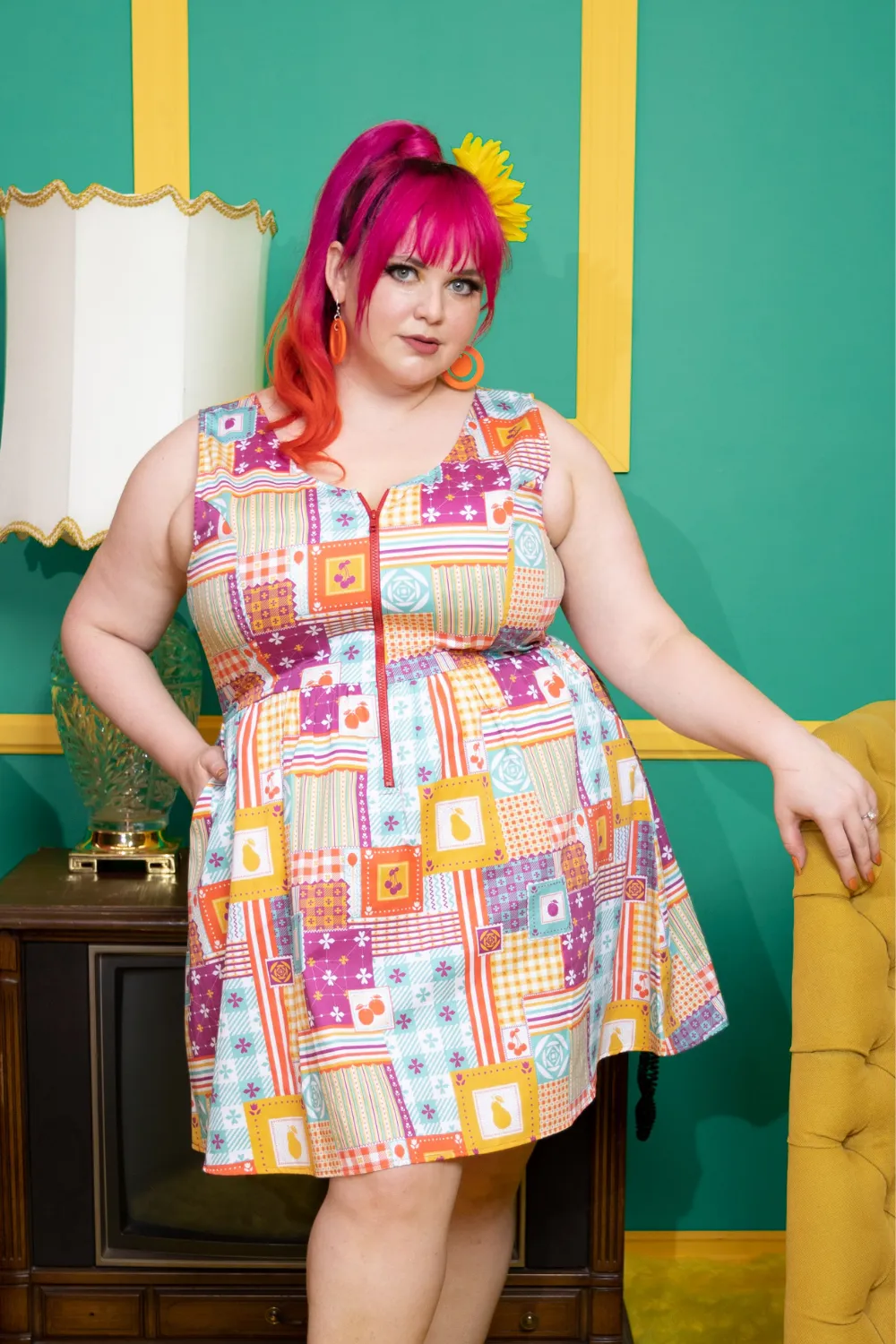 Patchwork Fit & Flare Dress in Mint & Magenta