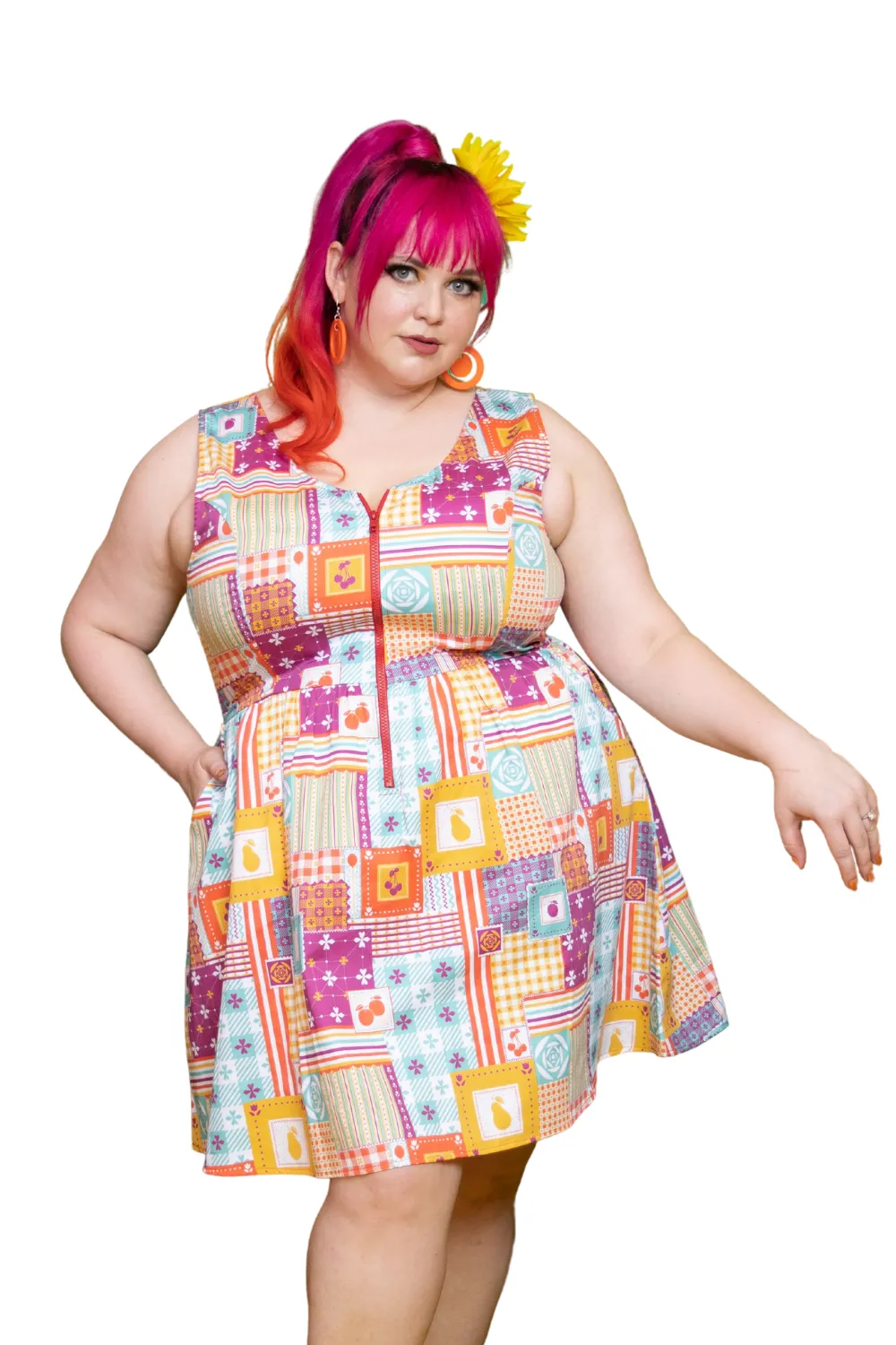 Patchwork Fit & Flare Dress in Mint & Magenta