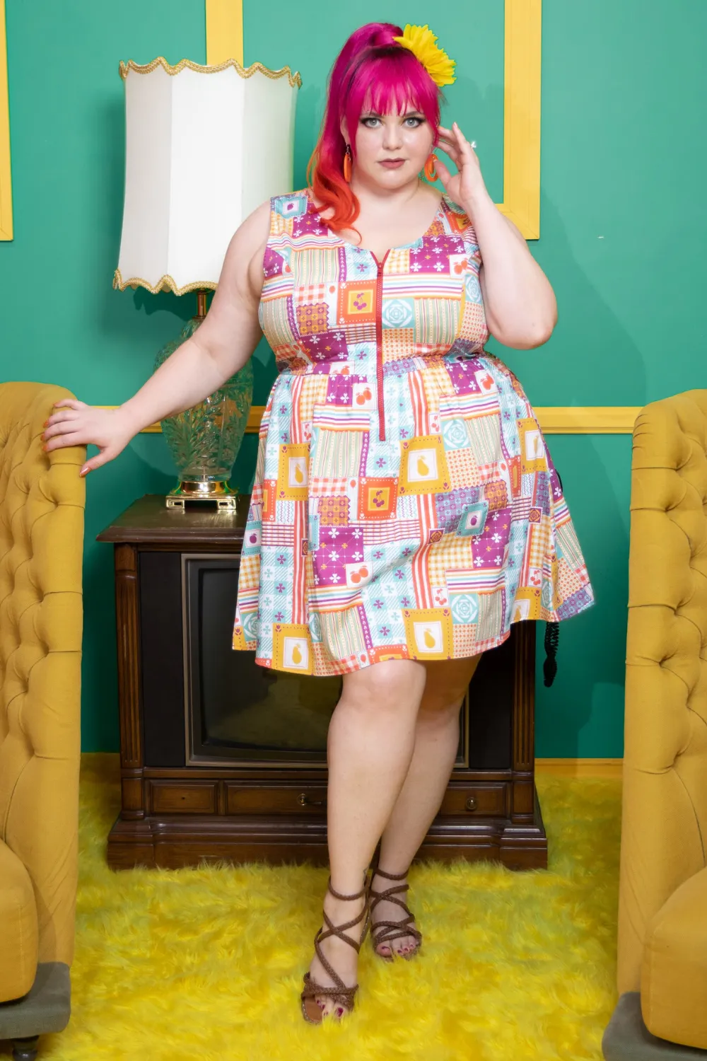 Patchwork Fit & Flare Dress in Mint & Magenta