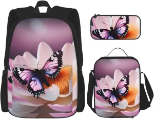 Pink Butterfly Print Pencil Case Lightweight Casual Fashion Backpack Lunch Bag Large Capacity Travel Bag