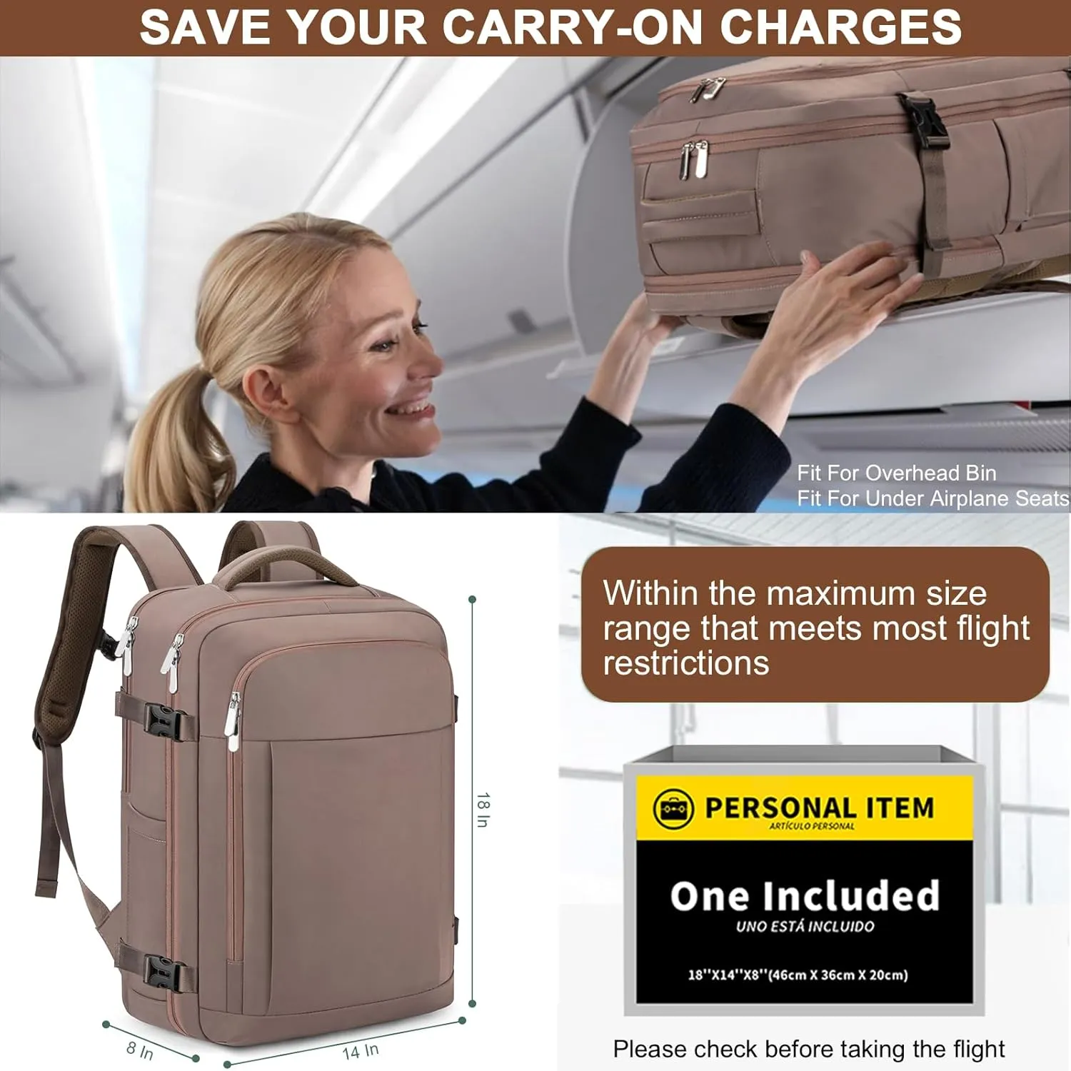 RDTGO Travel Backpack For Women, 40L Carry-On Backpack, Airline Approved Personal Item Bag, Waterproof Laptop Backpack with Large Duffel, Casual Daypack for Buisness Gym Weekend Hiking (Brown)