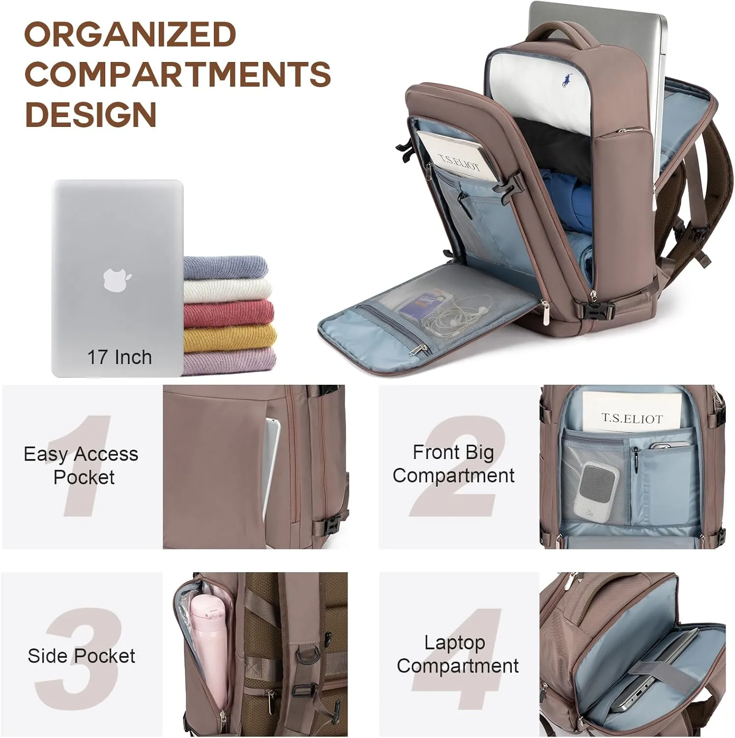 RDTGO Travel Backpack For Women, 40L Carry-On Backpack, Airline Approved Personal Item Bag, Waterproof Laptop Backpack with Large Duffel, Casual Daypack for Buisness Gym Weekend Hiking (Brown)