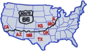 Route 66 Iron on Applique Patch - United States Map, Rt. 66 Badge 4-5/8" - for Hats, Shirts, Shoes, Jeans, Bags, Sewing Decorating DIY Craft