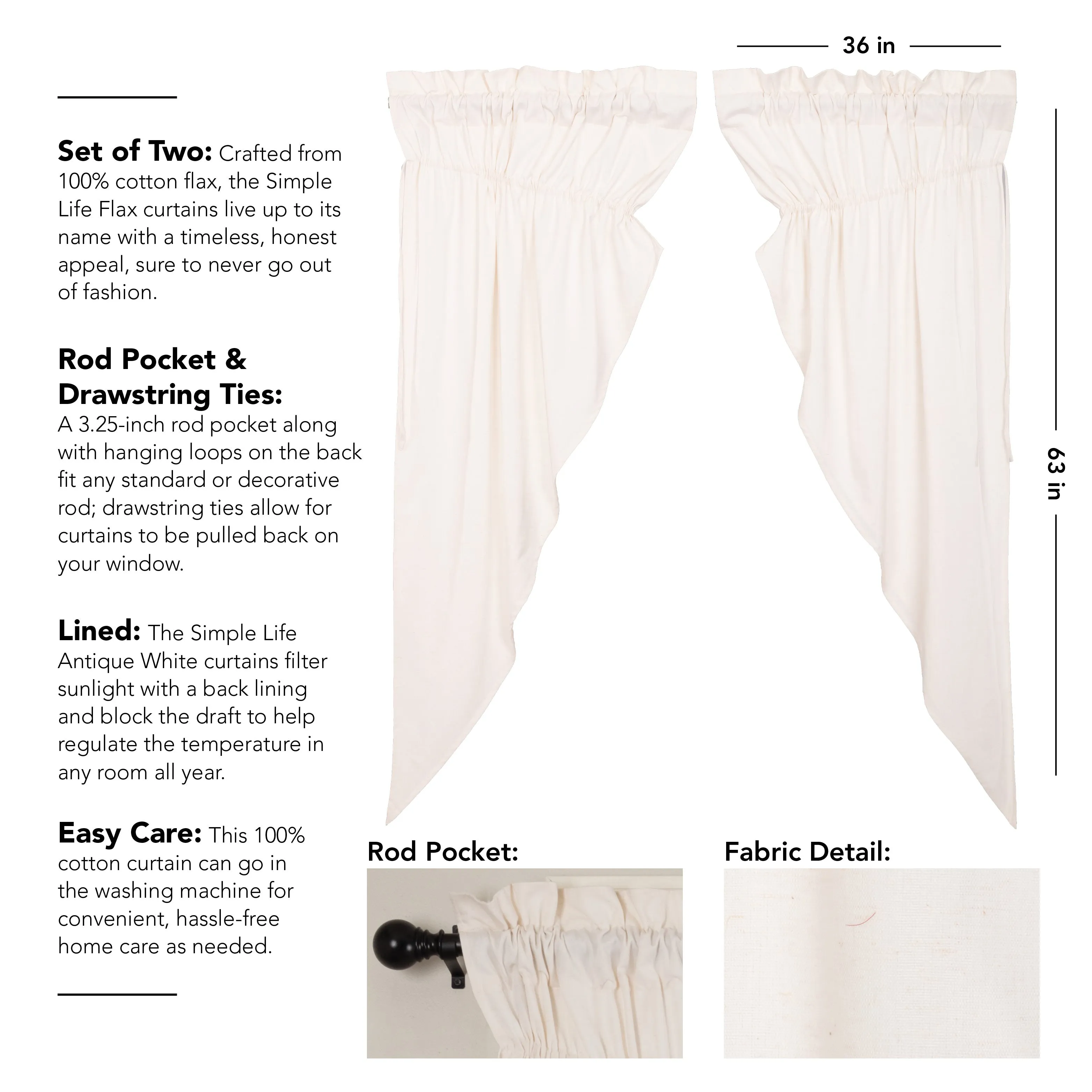 Simple Life Flax Antique White Prairie Short Panel Set of 2 63x36x18
