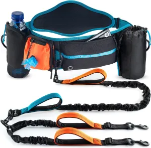 SparklyPets Double Bungee Waist 2 Dog Leash with Back Brace  Dual Dog Leash for Medium/Large Breeds  Running Belt Fanny Pack with Phone, Waste, Treat, and Bottle Pockets